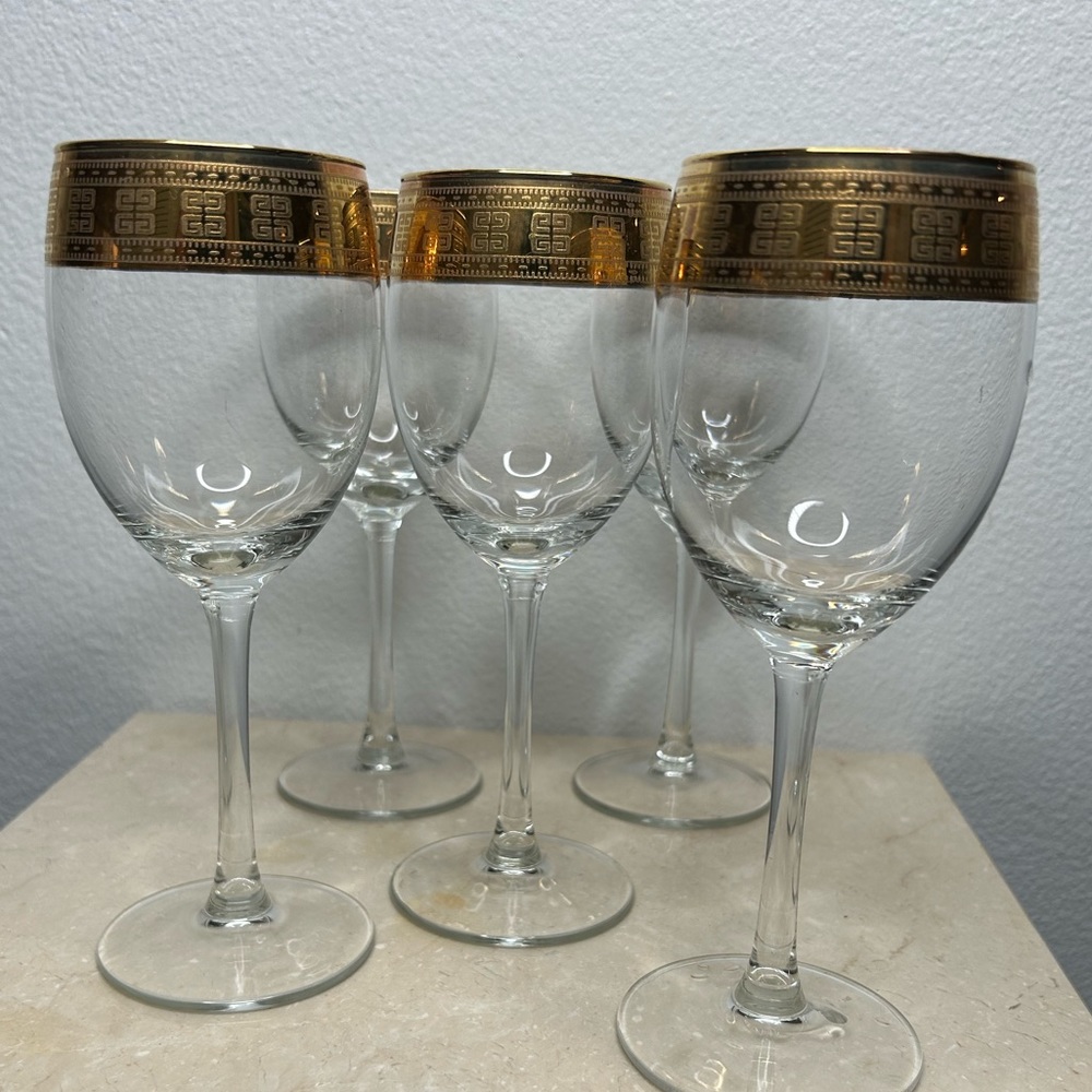 5 Gold Rimmed Greek Key Patterned Italian Lavarato a Mano J Preziosi Glasses